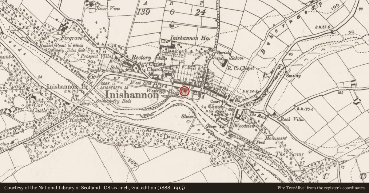 Ordnance Survey six-inch map, 2nd edition (1888–1915) covering the location of House - 18th/19th century, Laherfineen, County Cork, with a pin at the register's coordinates