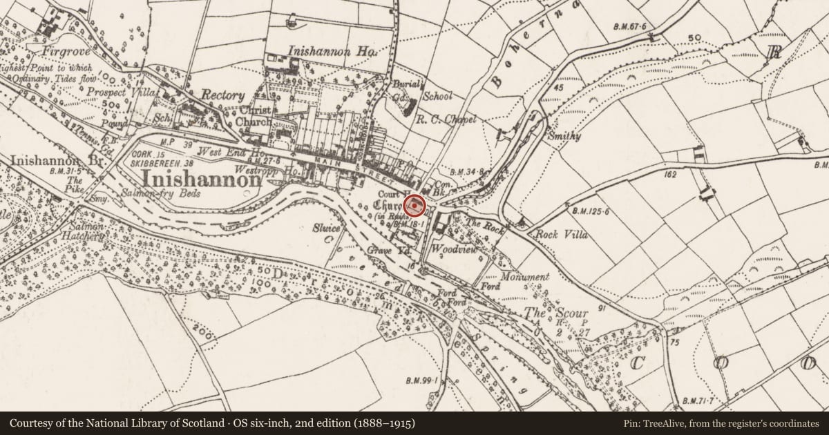 Ordnance Survey six-inch map, 2nd edition (1888–1915) covering the location of Market-house, Farnahoe, County Cork, with a pin at the register's coordinates
