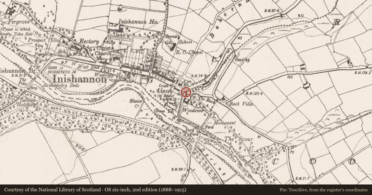 Ordnance Survey six-inch map, 2nd edition (1888–1915) covering the location of Bridge, Farnahoe, County Cork, with a pin at the register's coordinates