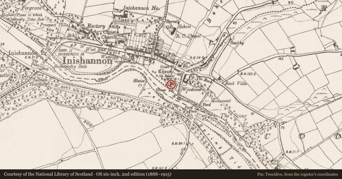 Ordnance Survey six-inch map, 2nd edition (1888–1915) covering the location of Graveyard, Farnahoe, County Cork, with a pin at the register's coordinates