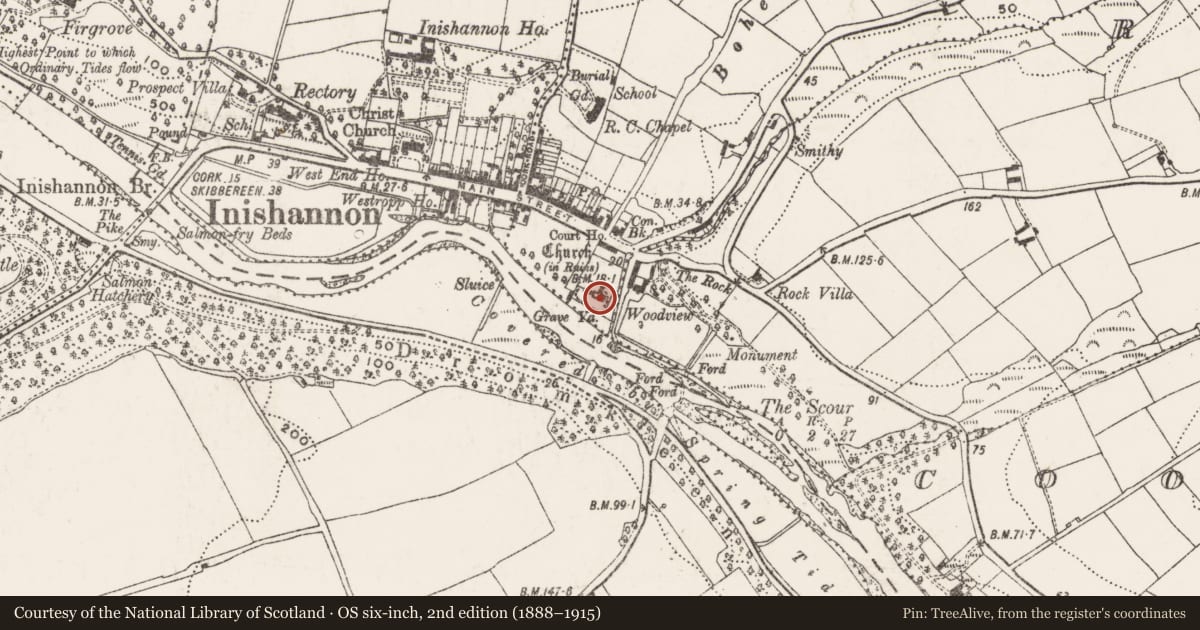 Ordnance Survey six-inch map, 2nd edition (1888–1915) covering the location of Church, Farnahoe, County Cork, with a pin at the register's coordinates