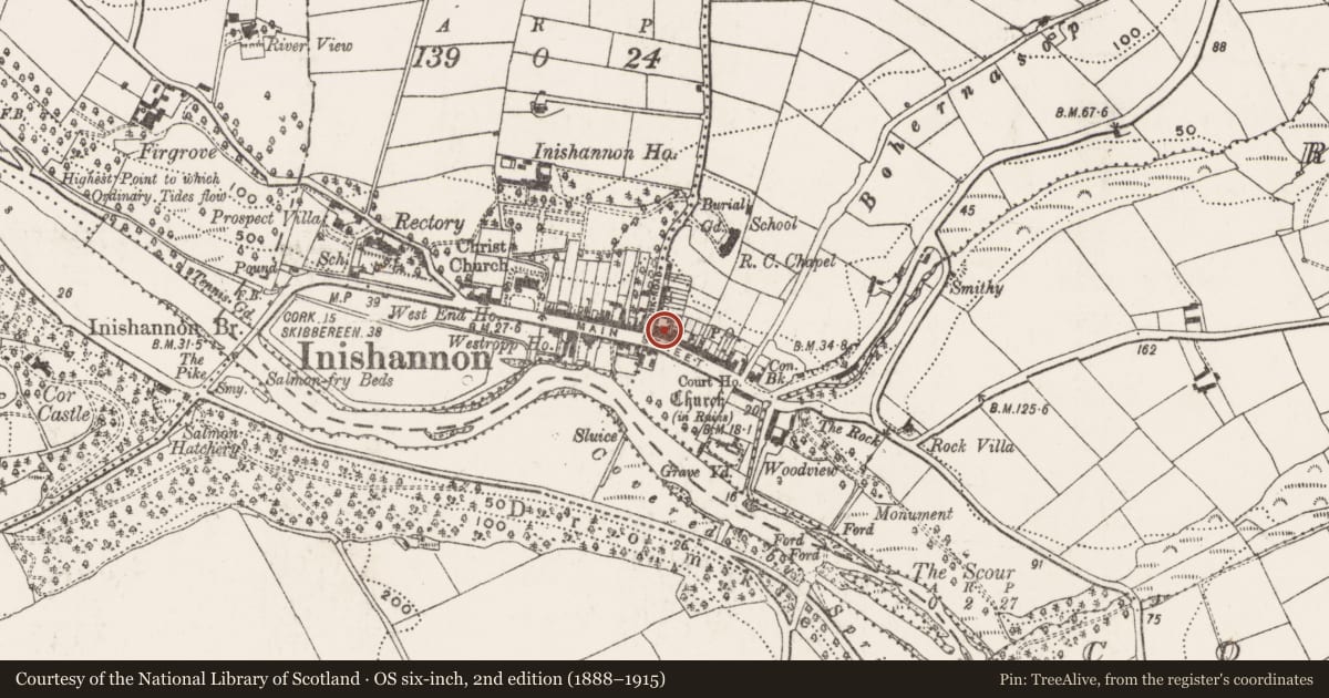 Ordnance Survey six-inch map, 2nd edition (1888–1915) covering the location of Historic town, Farnahoe, County Cork, with a pin at the register's coordinates