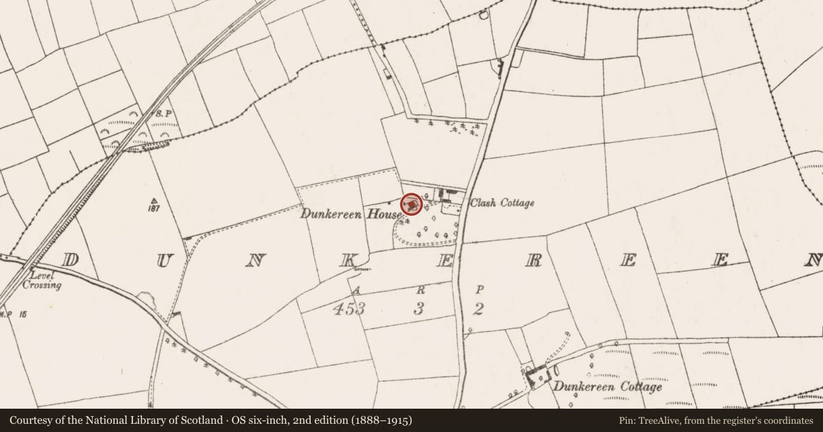 Ordnance Survey six-inch map, 2nd edition (1888–1915) covering the location of Country house, Dunkereen, County Cork, with a pin at the register's coordinates