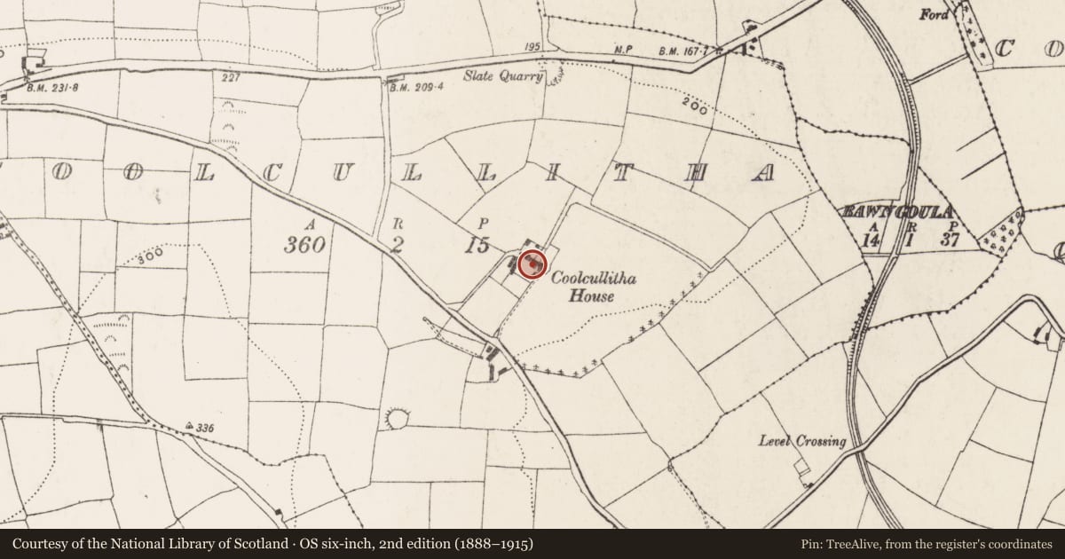 Ordnance Survey six-inch map, 2nd edition (1888–1915) covering the location of Country house, Coolcullitha, County Cork, with a pin at the register's coordinates