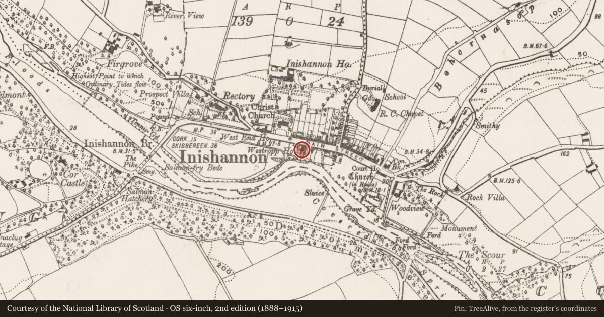 Ordnance Survey six-inch map, 2nd edition (1888–1915) covering the location of House - 18th/19th century, Laherfineen, County Cork, with a pin at the register's coordinates