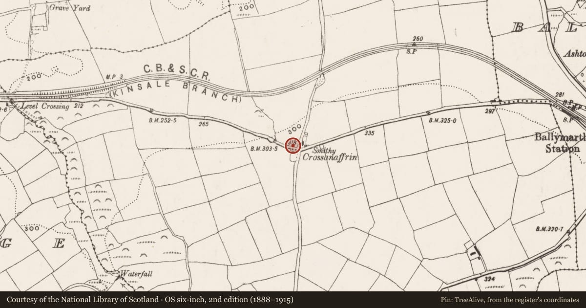 Ordnance Survey six-inch map, 2nd edition (1888–1915) covering the location of Mass-rock, Farlistown, County Cork, with a pin at the register's coordinates
