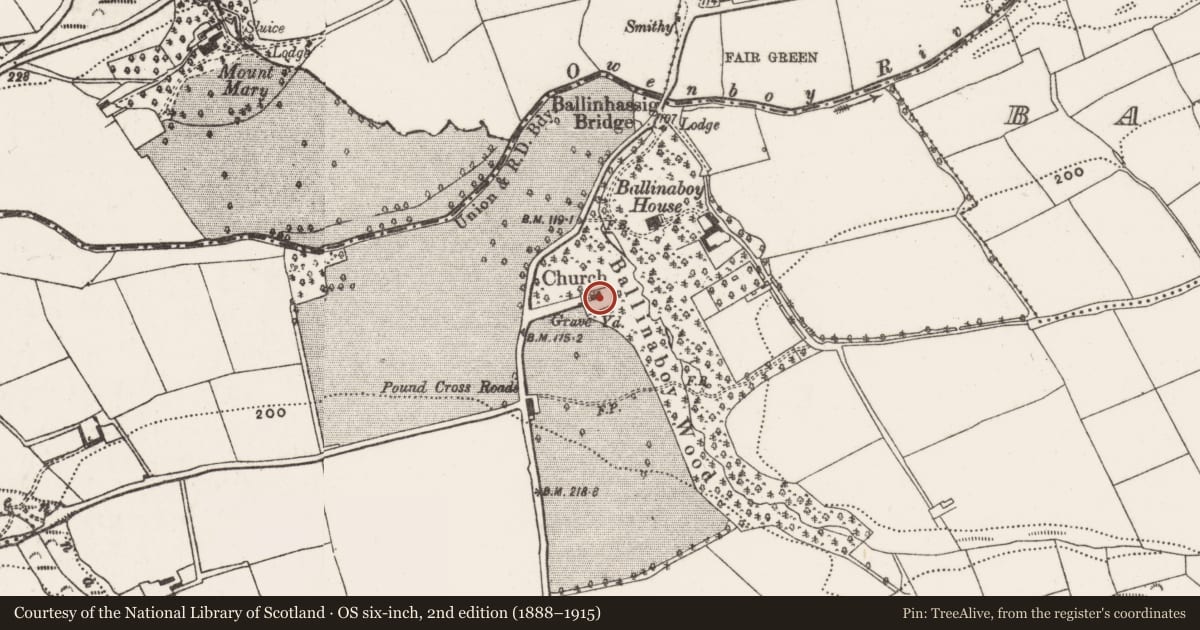 Ordnance Survey six-inch map, 2nd edition (1888–1915) covering the location of Church, Ballinaboy, County Cork, with a pin at the register's coordinates