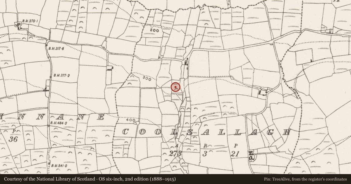 Ordnance Survey six-inch map, 2nd edition (1888–1915) covering the location of Standing stone, Coolsallagh, County Cork, with a pin at the register's coordinates