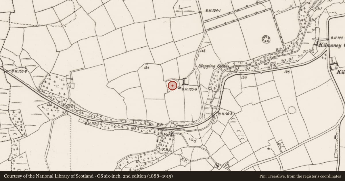 Ordnance Survey six-inch map, 2nd edition (1888–1915) covering the location of Enclosure, Kilmoney, County Cork, with a pin at the register's coordinates