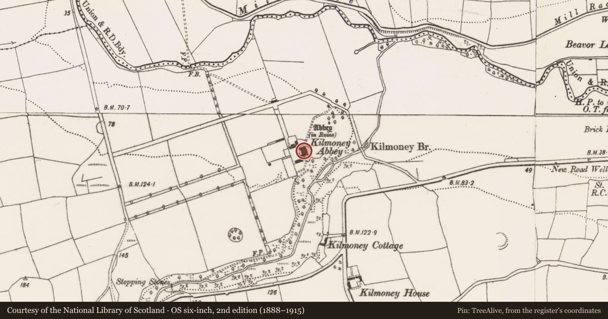 Ordnance Survey six-inch map, 2nd edition (1888–1915) covering the location of Country house, Kilmoney, County Cork, with a pin at the register's coordinates