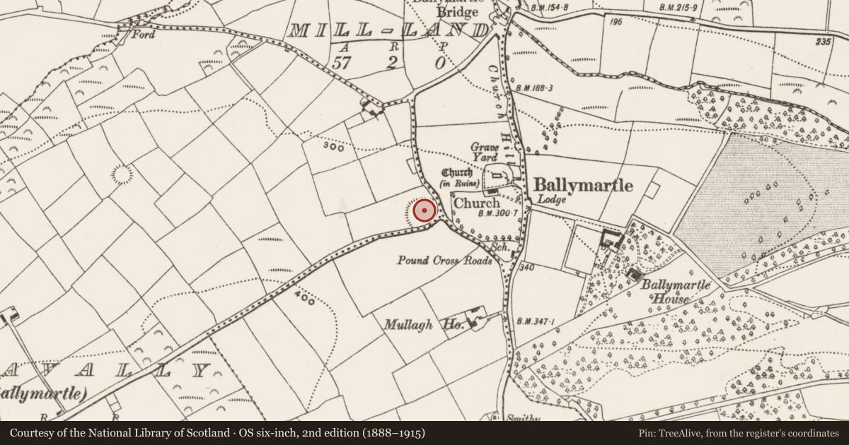 Ordnance Survey six-inch map, 2nd edition (1888–1915) covering the location of Ringfort - rath, Shanavally (Kinalea By., Ballymartle Par.), County Cork, with a pin at the register's coordinates