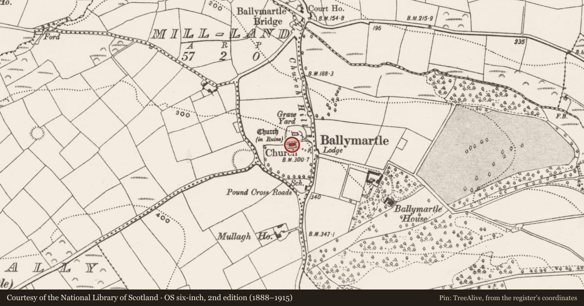 Ordnance Survey six-inch map, 2nd edition (1888–1915) covering the location of Church, Mill-Land, County Cork, with a pin at the register's coordinates
