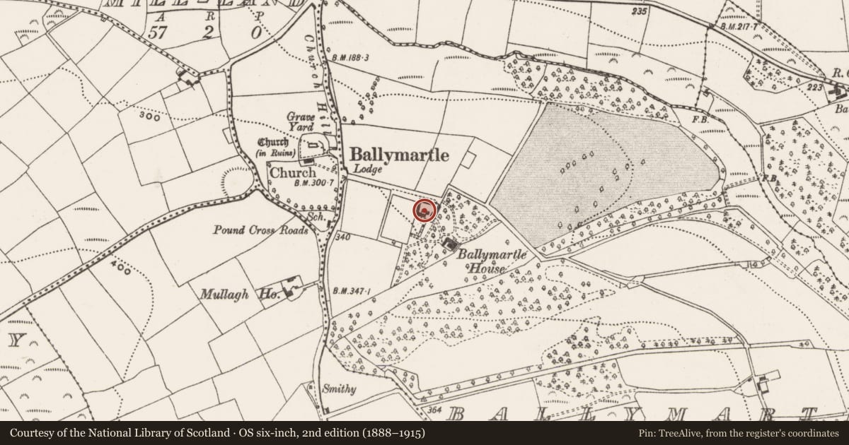 Ordnance Survey six-inch map, 2nd edition (1888–1915) covering the location of Country house, Ballymartle, County Cork, with a pin at the register's coordinates