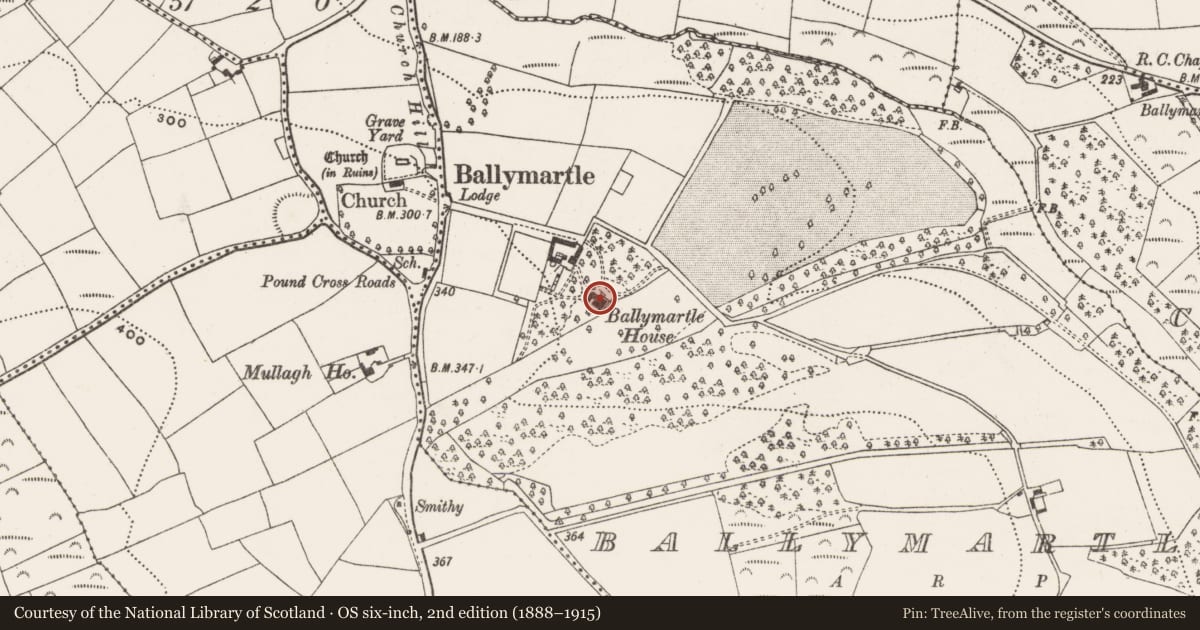 Ordnance Survey six-inch map, 2nd edition (1888–1915) covering the location of Building, Ballymartle, County Cork, with a pin at the register's coordinates