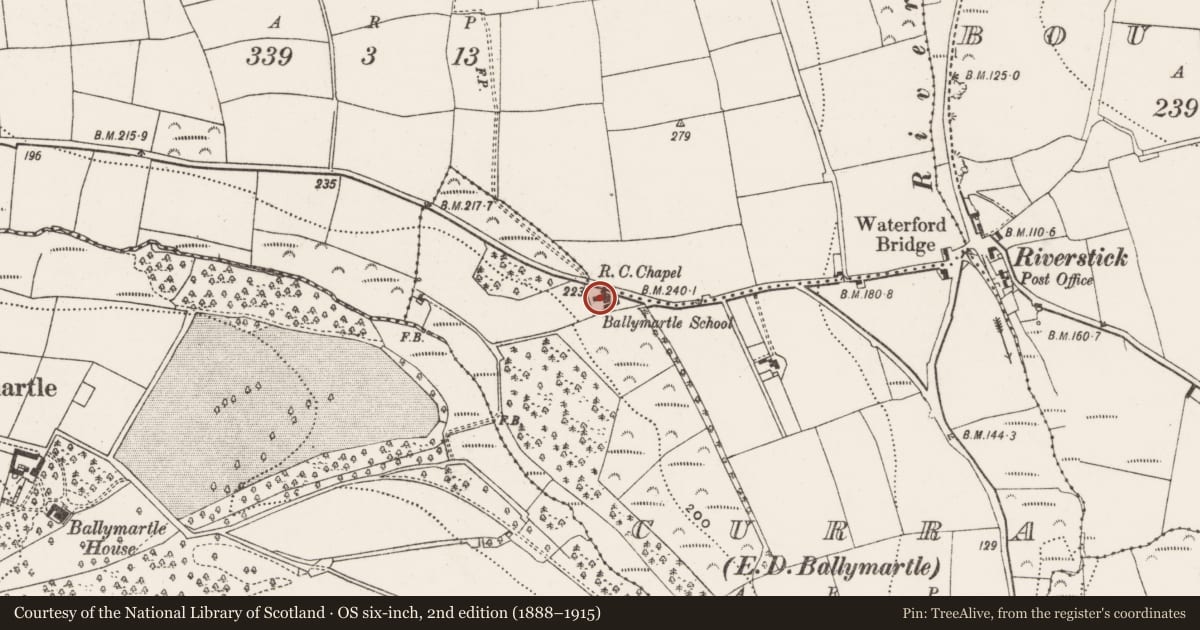 Ordnance Survey six-inch map, 2nd edition (1888–1915) covering the location of Church, Curra (Kinalea By., Ballymartle Par.), County Cork, with a pin at the register's coordinates