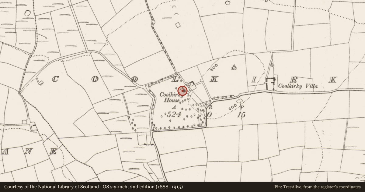 Ordnance Survey six-inch map, 2nd edition (1888–1915) covering the location of Country house, Coolkirky, County Cork, with a pin at the register's coordinates
