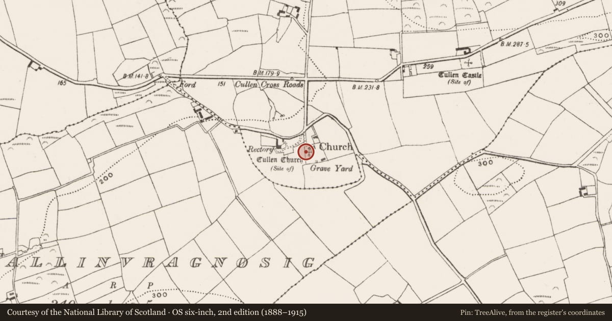 Ordnance Survey six-inch map, 2nd edition (1888–1915) covering the location of Church, Cullen, County Cork, with a pin at the register's coordinates