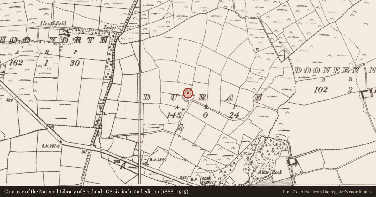 Ordnance Survey six-inch map, 2nd edition (1888–1915) covering the location of Ringfort - rath, Durah, County Cork, with a pin at the register's coordinates