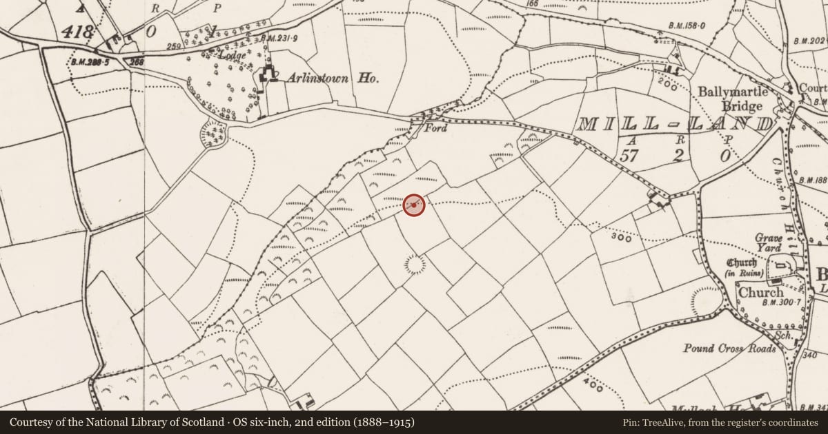 Ordnance Survey six-inch map, 2nd edition (1888–1915) covering the location of Mound, Shanavally (Kinalea By., Ballymartle Par.), County Cork, with a pin at the register's coordinates