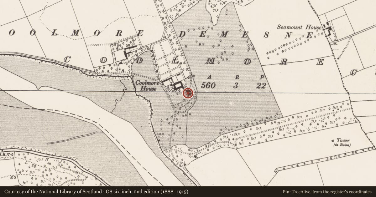 Ordnance Survey six-inch map, 2nd edition (1888–1915) covering the location of Country house, Coolmore, County Cork, with a pin at the register's coordinates