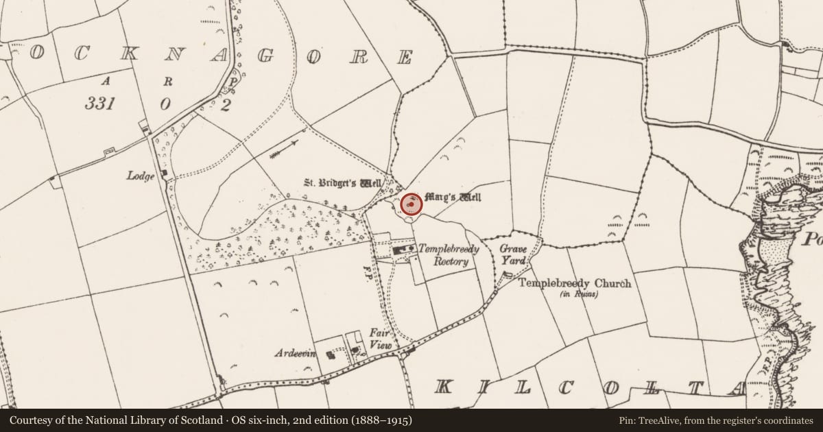 Ordnance Survey six-inch map, 2nd edition (1888–1915) covering the location of Ritual site - holy well, Crosshaven, County Cork, with a pin at the register's coordinates