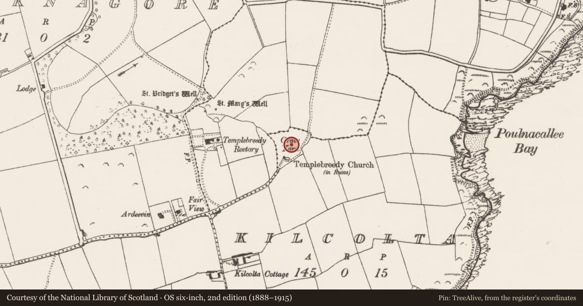 Ordnance Survey six-inch map, 2nd edition (1888–1915) covering the location of Graveyard, Kilcolta, County Cork, with a pin at the register's coordinates
