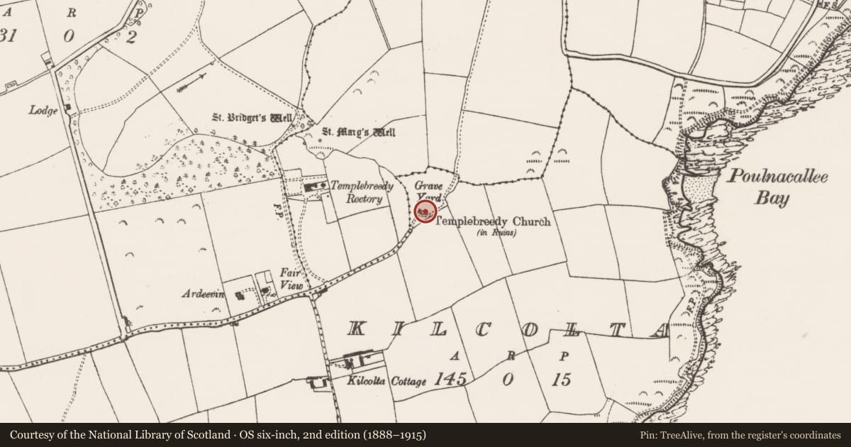 Ordnance Survey six-inch map, 2nd edition (1888–1915) covering the location of Church, Kilcolta, County Cork, with a pin at the register's coordinates