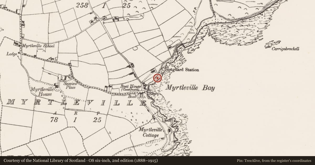 Ordnance Survey six-inch map, 2nd edition (1888–1915) covering the location of Midden, Ballinluska, County Cork, with a pin at the register's coordinates