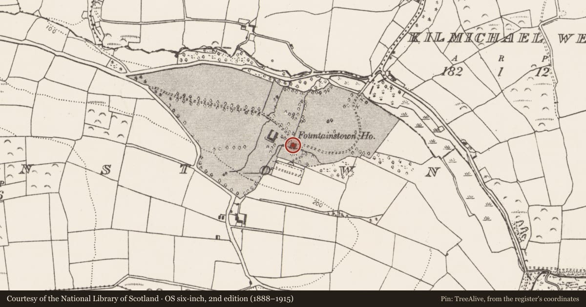 Ordnance Survey six-inch map, 2nd edition (1888–1915) covering the location of Country house, Fountainstown, County Cork, with a pin at the register's coordinates