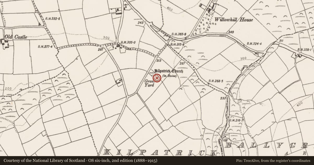 Ordnance Survey six-inch map, 2nd edition (1888–1915) covering the location of Graveyard, Kilpatrick, County Cork, with a pin at the register's coordinates