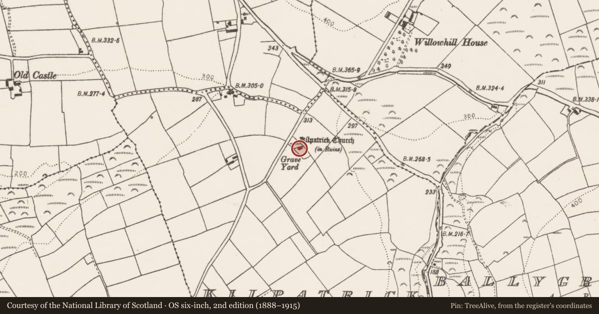 Ordnance Survey six-inch map, 2nd edition (1888–1915) covering the location of Church, Kilpatrick, County Cork, with a pin at the register's coordinates