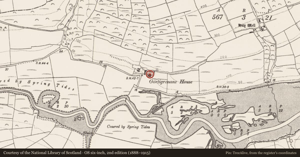 Ordnance Survey six-inch map, 2nd edition (1888–1915) covering the location of Country house, Gortigrenane, County Cork, with a pin at the register's coordinates