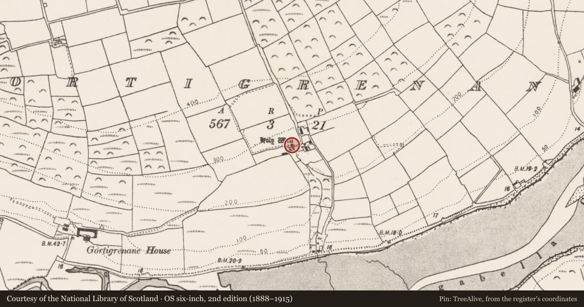 Ordnance Survey six-inch map, 2nd edition (1888–1915) covering the location of Ritual site - holy well, Gortigrenane, County Cork, with a pin at the register's coordinates