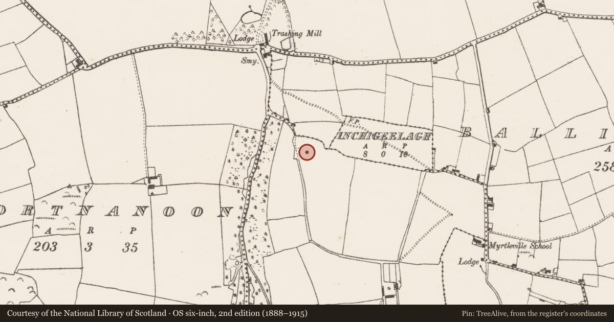 Ordnance Survey six-inch map, 2nd edition (1888–1915) covering the location of Church, Kilmichael West, County Cork, with a pin at the register's coordinates