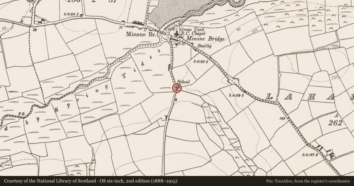Ordnance Survey six-inch map, 2nd edition (1888–1915) covering the location of School, Knocknamanagh, County Cork, with a pin at the register's coordinates