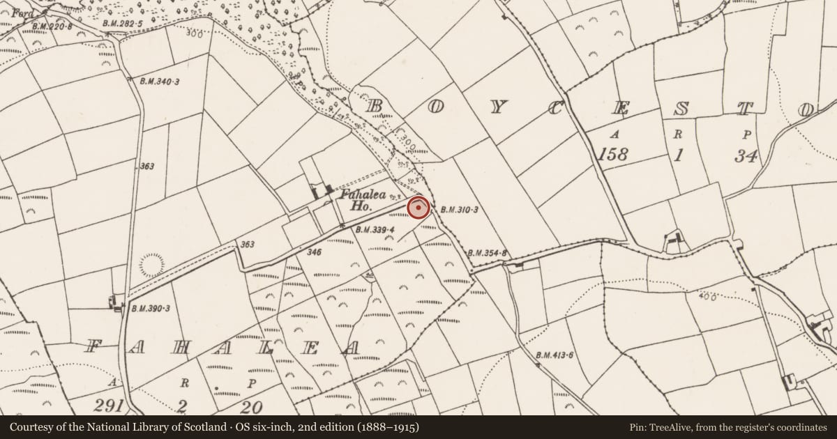 Ordnance Survey six-inch map, 2nd edition (1888–1915) covering the location of Ringfort - rath, Fahalea, County Cork, with a pin at the register's coordinates