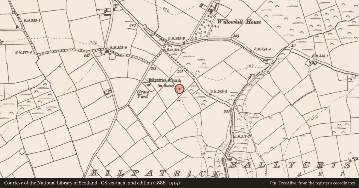 Ordnance Survey six-inch map, 2nd edition (1888–1915) covering the location of Fulacht fia, Kilpatrick, County Cork, with a pin at the register's coordinates