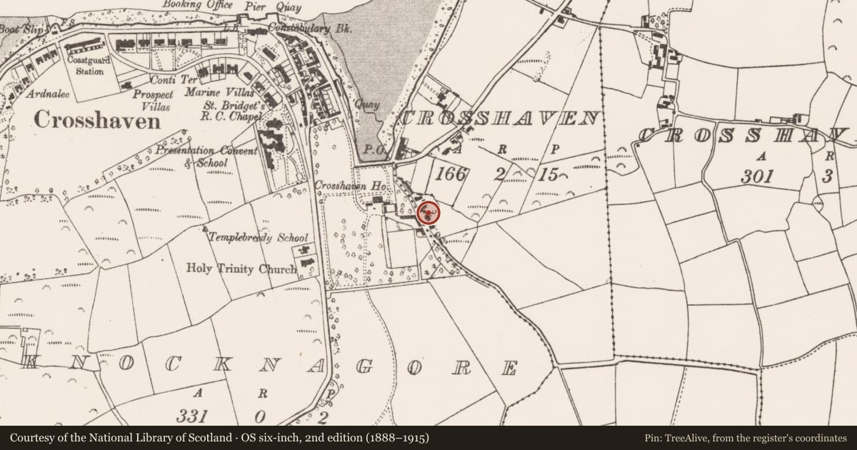 Ordnance Survey six-inch map, 2nd edition (1888–1915) covering the location of Dovecote, Knocknagore, County Cork, with a pin at the register's coordinates