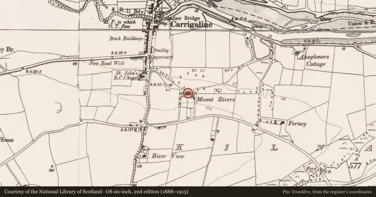 Ordnance Survey six-inch map, 2nd edition (1888–1915) covering the location of Country house, Kilnaglery, County Cork, with a pin at the register's coordinates