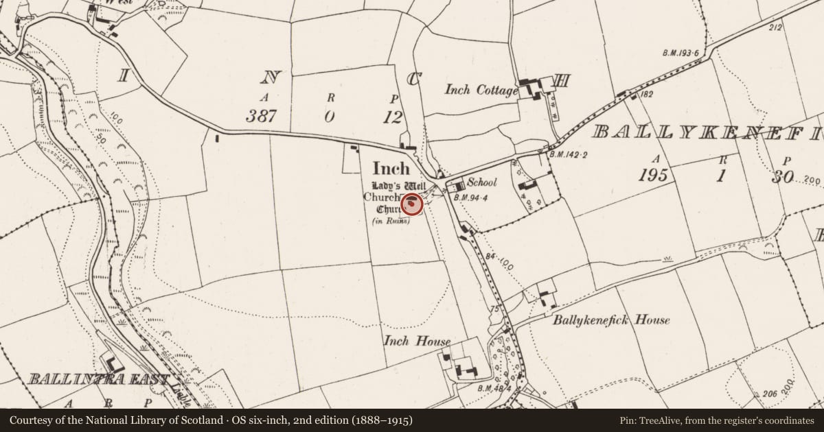 Ordnance Survey six-inch map, 2nd edition (1888–1915) covering the location of Graveyard, Inch, County Cork, with a pin at the register's coordinates