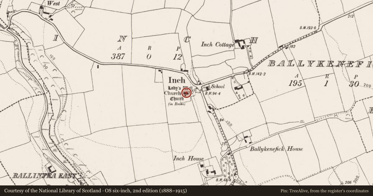 Ordnance Survey six-inch map, 2nd edition (1888–1915) covering the location of Church, Inch, County Cork, with a pin at the register's coordinates