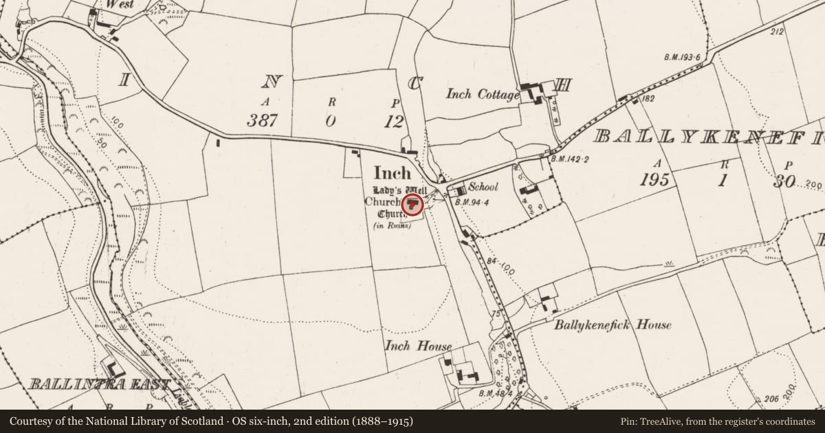 Ordnance Survey six-inch map, 2nd edition (1888–1915) covering the location of Church, Inch, County Cork, with a pin at the register's coordinates
