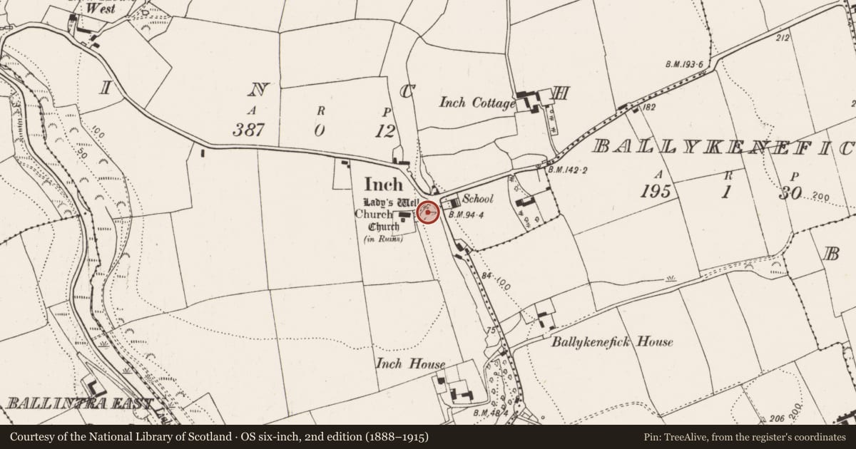 Ordnance Survey six-inch map, 2nd edition (1888–1915) covering the location of Ritual site - holy well, Inch, County Cork, with a pin at the register's coordinates