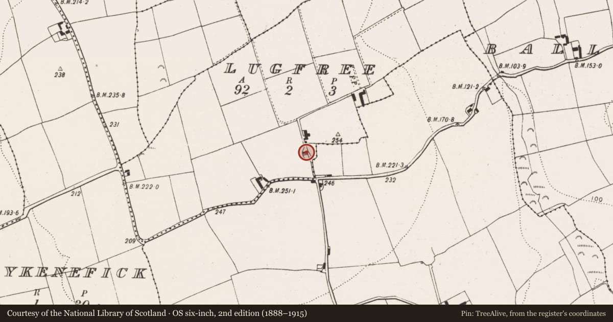 Ordnance Survey six-inch map, 2nd edition (1888–1915) covering the location of Enclosure, Lugfree, County Cork, with a pin at the register's coordinates