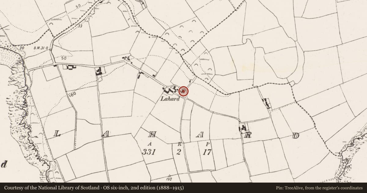 Ordnance Survey six-inch map, 2nd edition (1888–1915) covering the location of House - vernacular house, Lahard, County Cork, with a pin at the register's coordinates