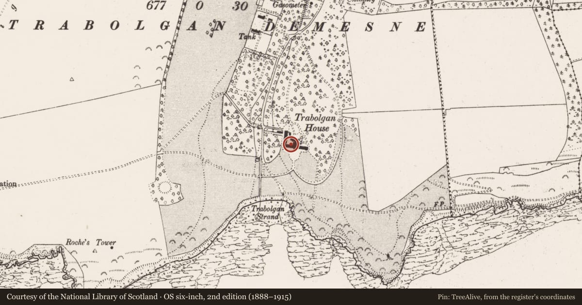 Ordnance Survey six-inch map, 2nd edition (1888–1915) covering the location of Country house, Trabolgan, County Cork, with a pin at the register's coordinates