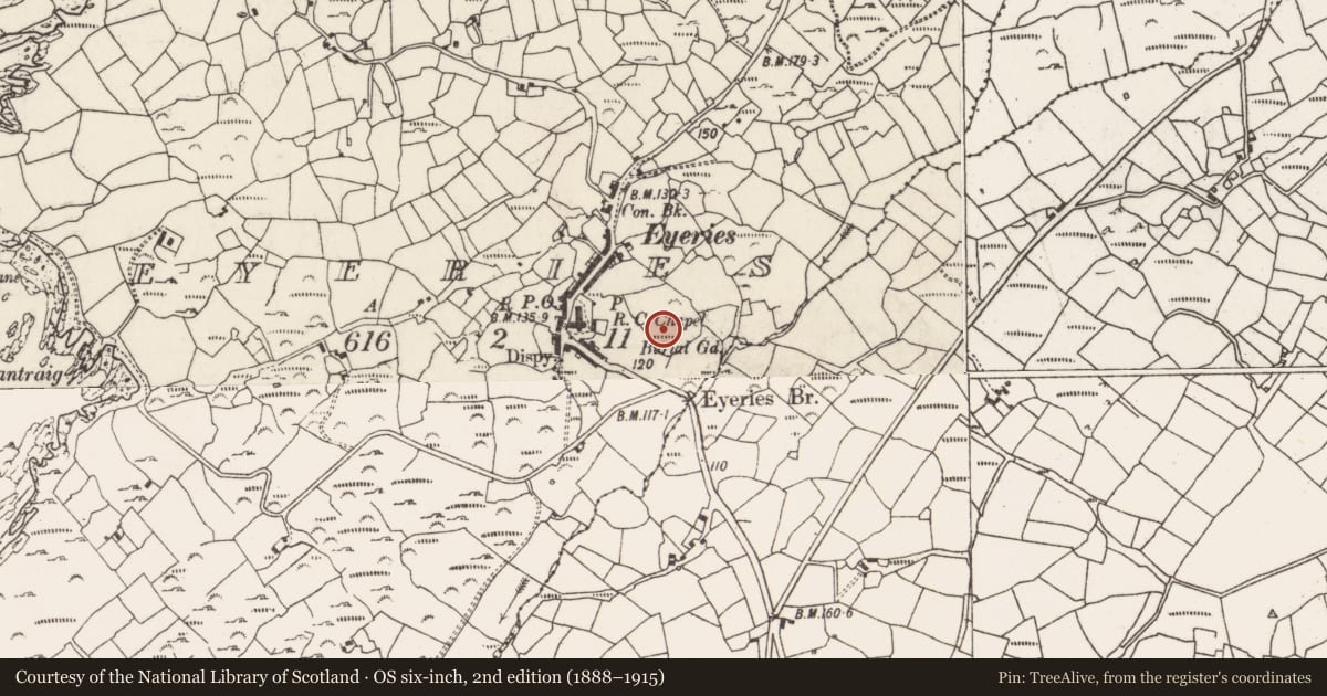 Ordnance Survey six-inch map, 2nd edition (1888–1915) covering the location of Children's burial ground, Eyeries, County Cork, with a pin at the register's coordinates