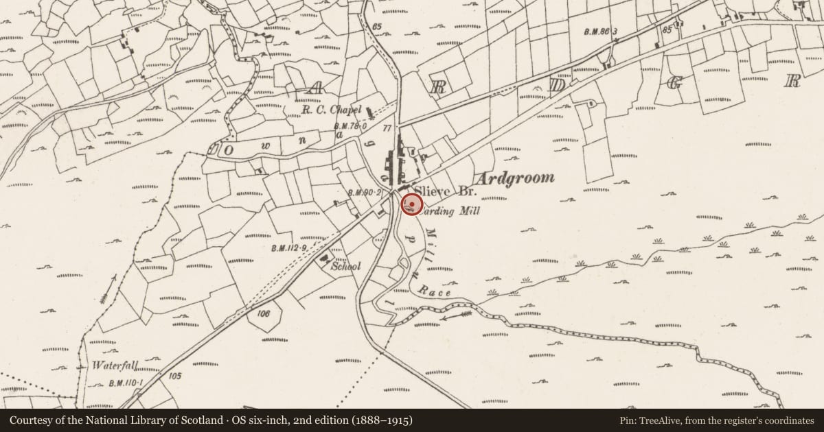 Ordnance Survey six-inch map, 2nd edition (1888–1915) covering the location of Mill - carding, Ardgroom Outward, County Cork, with a pin at the register's coordinates