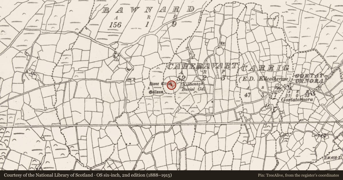 Ordnance Survey six-inch map, 2nd edition (1888–1915) covering the location of Ecclesiastical enclosure, Caheravart, County Cork, with a pin at the register's coordinates
