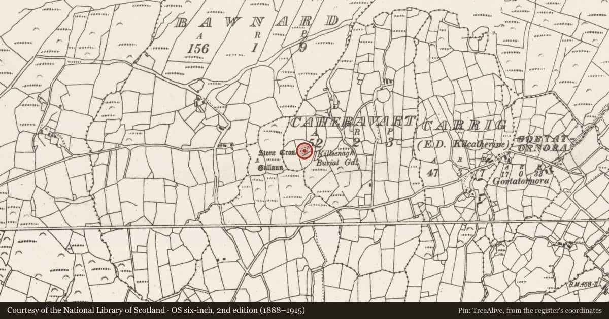Ordnance Survey six-inch map, 2nd edition (1888–1915) covering the location of Burial ground, Caheravart, County Cork, with a pin at the register's coordinates